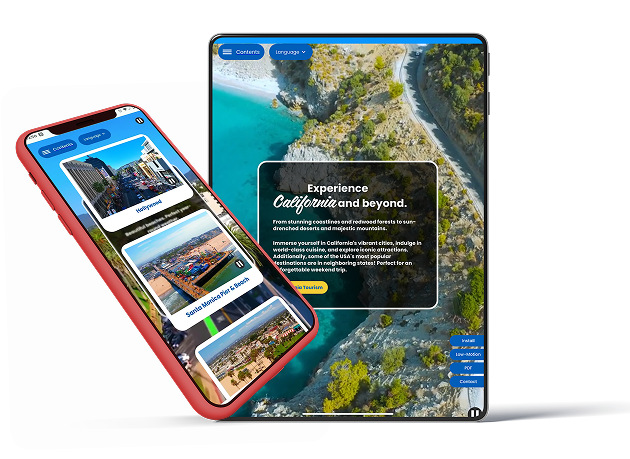 Mobile phone and tablet showing travel app with California coast, cities, and tourist info.