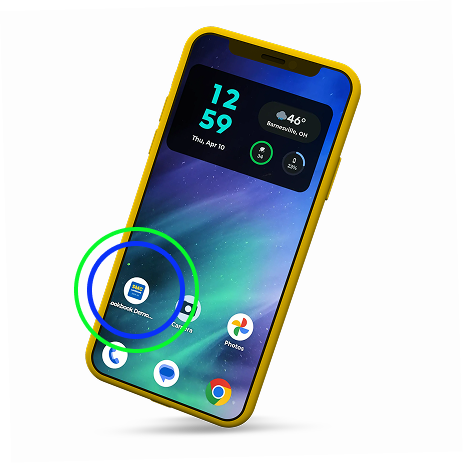 Yellow smartphone displaying home screen with weather, clock, and app icons including Outlook and Chrome.